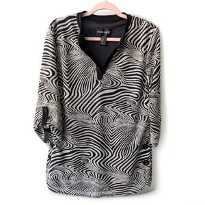 Frank Lyman Art To Wear Made In Canada Lagenlook Tunic Black White Stripe 3/4 L